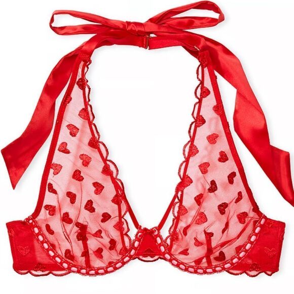 Victoria’s Secret Dream Angels Heart Embroidered Mesh Halter unlined Bra Red XL - Picture 3 of 9